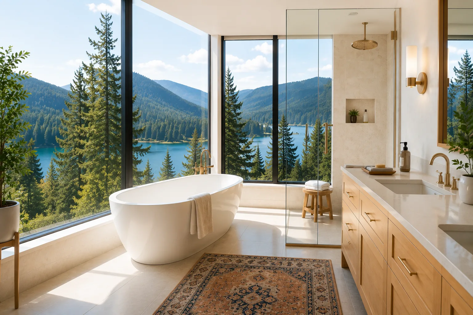 Luxury freestanding-tub bathroom remodel with a walk-in glass shower and floor-to-ceiling windows framing a Columbia River Gorge forest and lake view near Camas, Washington